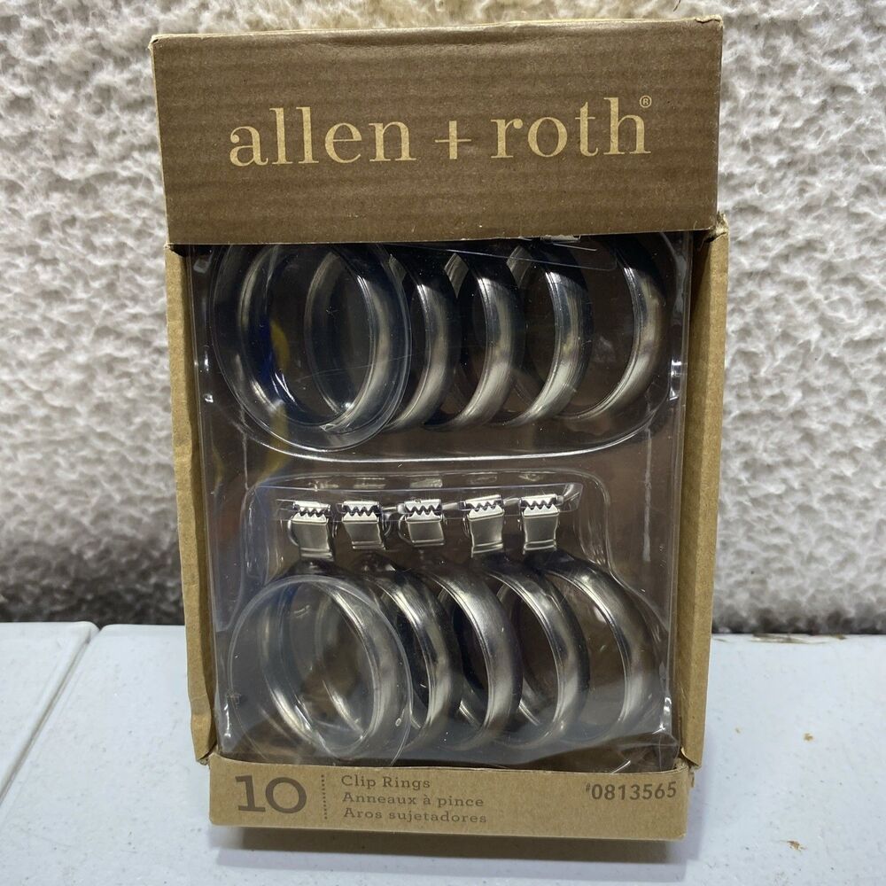 10 Clip Curtain Rings New in Box Brushed Nickel  1" Diameter Allen + Roth New